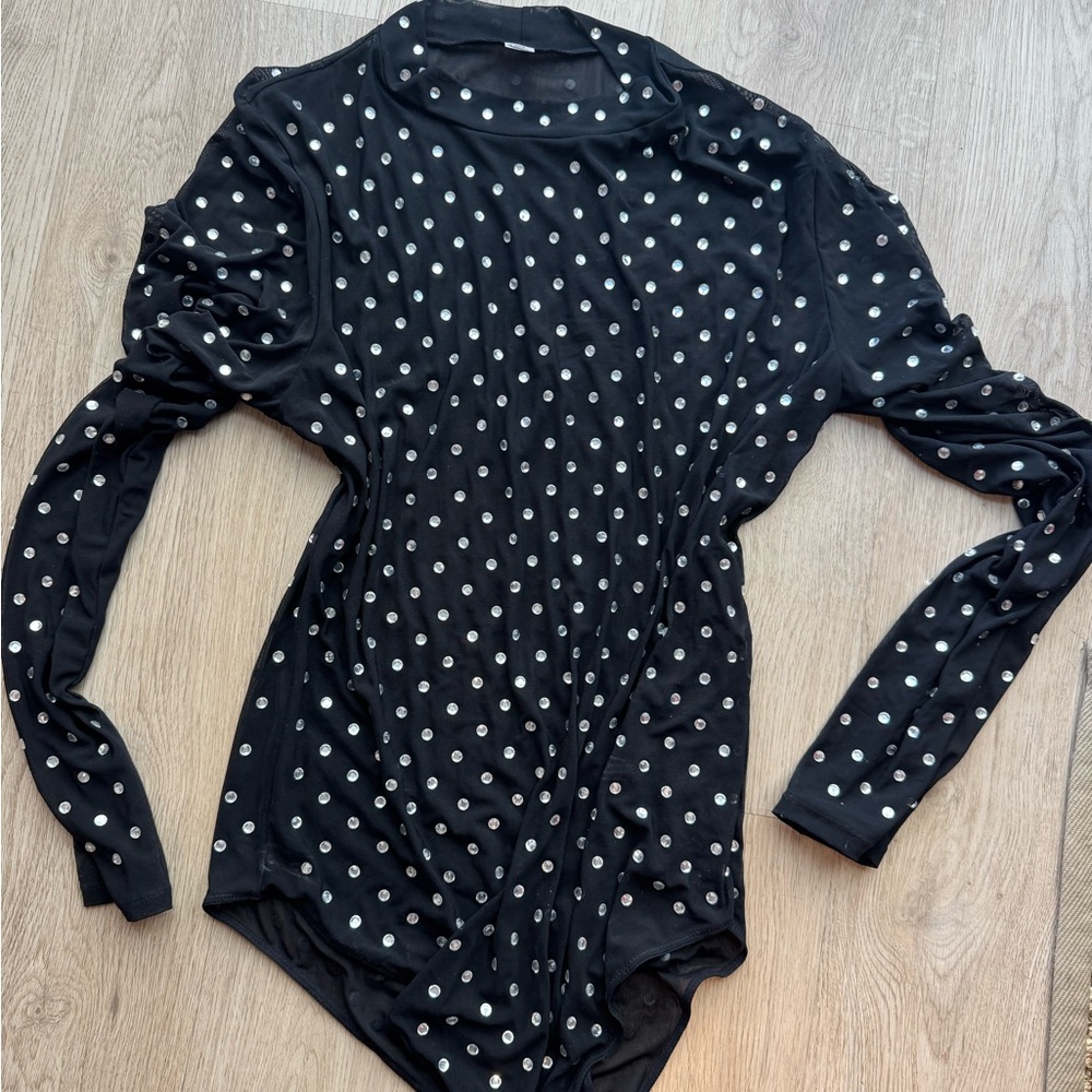 Black high neck rhinestone mesh Long Sleeve Top
